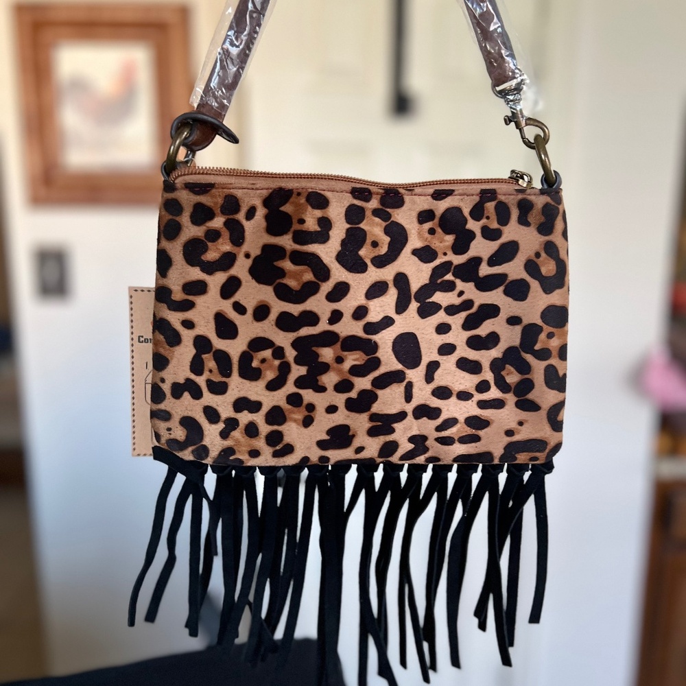 NWT Justin Womens Convertible Bag Purse Leopard Print Fringe New Western